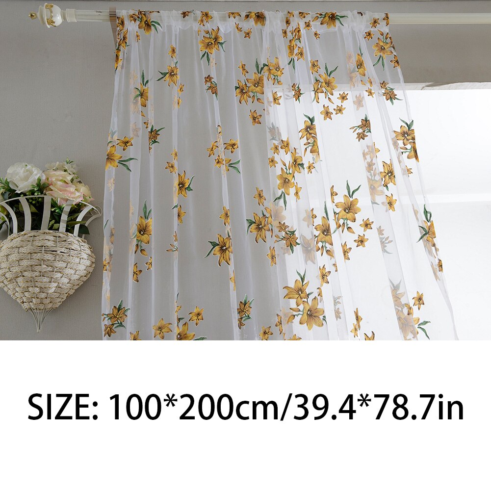 Sheer Curtains Floral Printed Semi-Transparent Curtains Eyelet Voile Floral Curtains For Home Living Room Decor Yellow 100x200cm