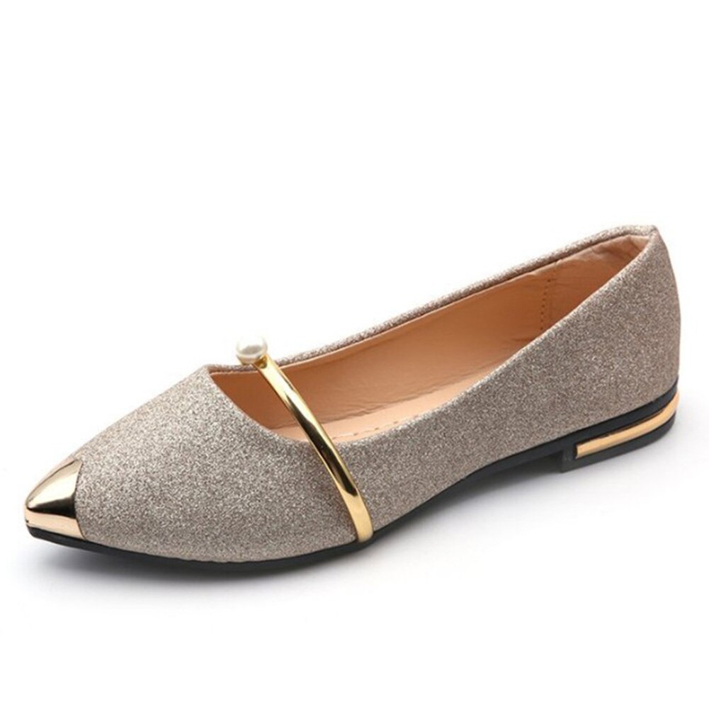 Printemps femmes chaussures plates décontracté talons plats perle femmes chaussures confort bout pointu ballerine Ballet brillant sans lacet chaussures plates: Or / 4.5