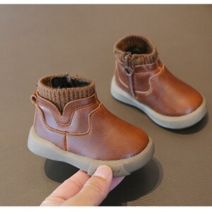 11.5-15.5Cm Jongens Pu Lederen Winter Casual Schoenen Met Dunne Fluwelen Voor Herfst Vroege Winter Peuter Kids Breien patch Enkellaarsjes: Bruin / 6.5 (insole 14.5cm)