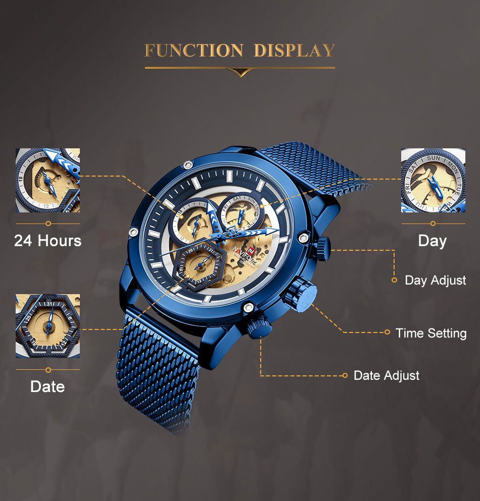 Naviforce Mannen Horloge Blue Skeleton Dial Lichtgevende Heren Horloges Luxe Quartz Horloge Mannen Luxe Horloges