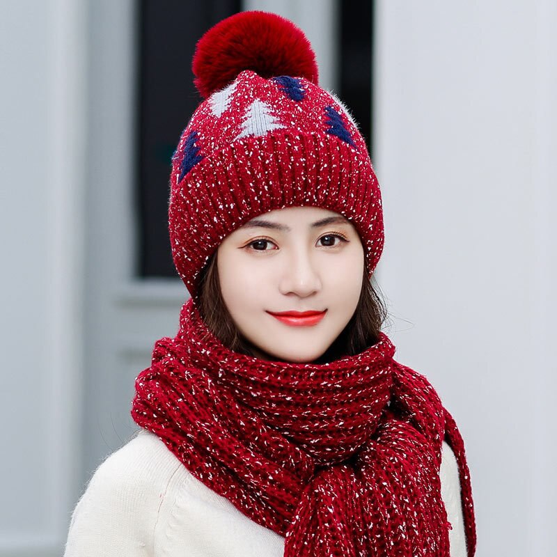 Dames winter sjaal muts set dames gebreide warme dikke roze mutsen mutsen met pompon dames effen kerstboom lange sjaals rood
