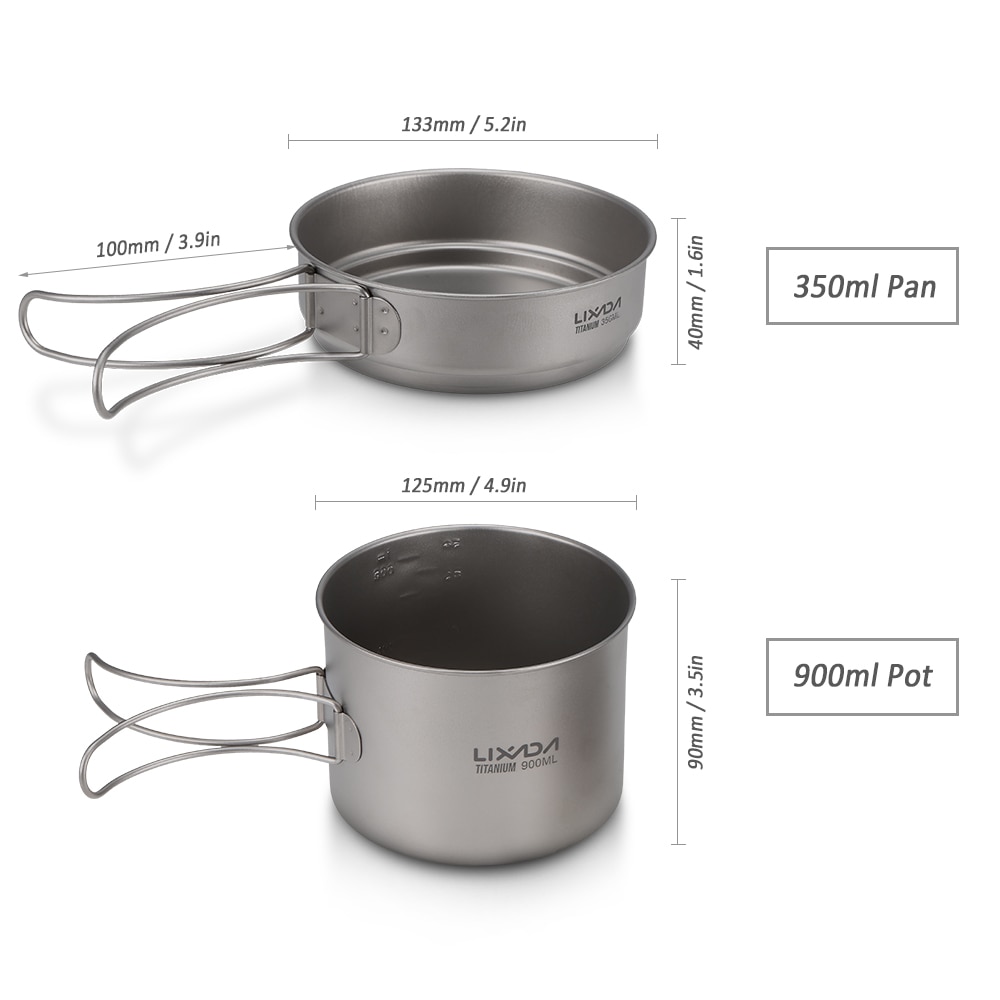 Lixada Ultraleicht Titan 900/1100ml Topf und 350ml Braten Pfanne Cookset draussen Camping Picknick Kochgeschirr einstellen mit klapp Griffe