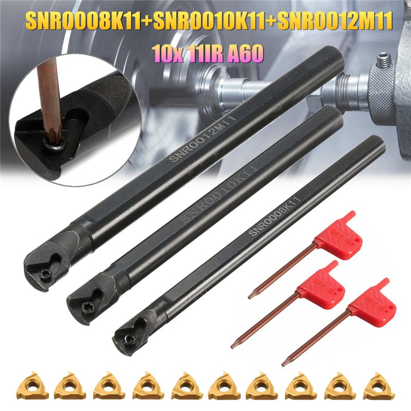 3 set SNR0008K11 + SNR0010K11 + SNR0012M11 Draaibank Saai Bar Rvs 3Pcs wrench + 10x 11IR A60 Insert wrench