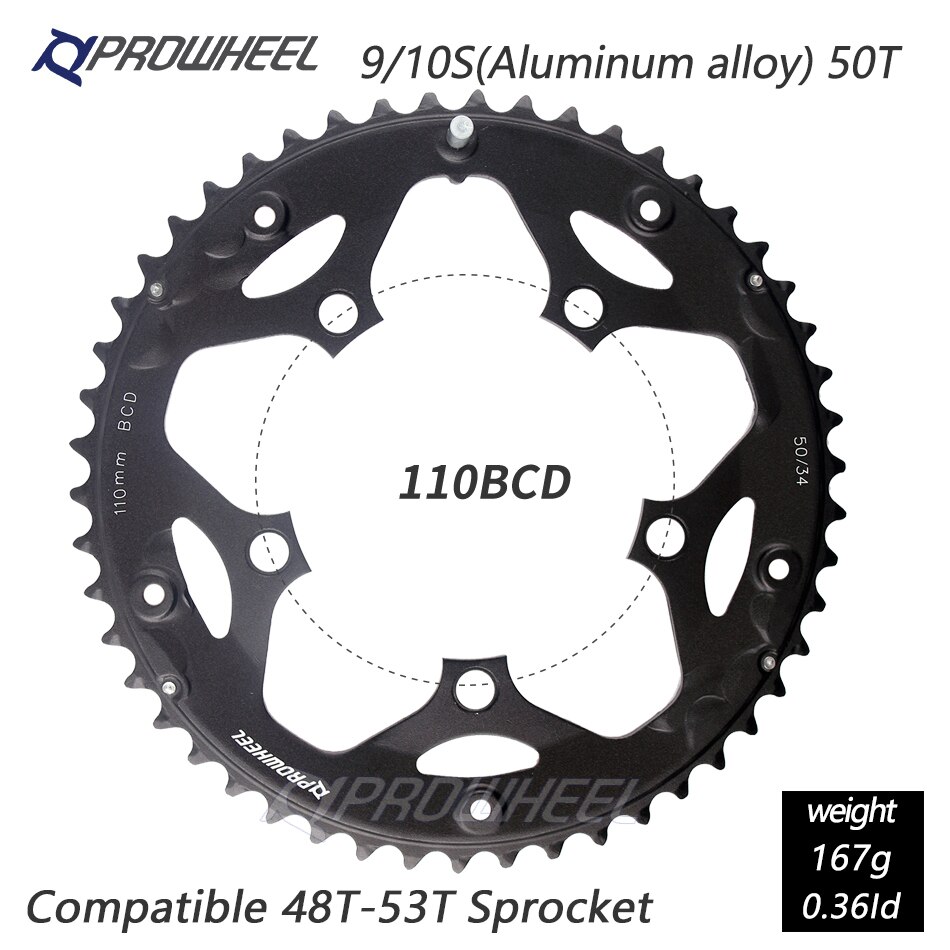 Prowheel Racefiets Kettingblad 110/130BCD 34/39/50/53T Tandwiel AL-7075 Cnc 8/9/10/11 Speed Chainwheel Crankstel Tandplaat Onderdelen: 5h 110bcd 50t Al