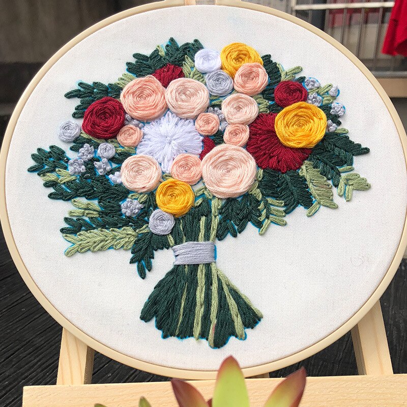 20cm europeiske diy bånd blomster broderi sett med ramme til nybegynner håndarbeid sett korssting serie kunst håndverk sy