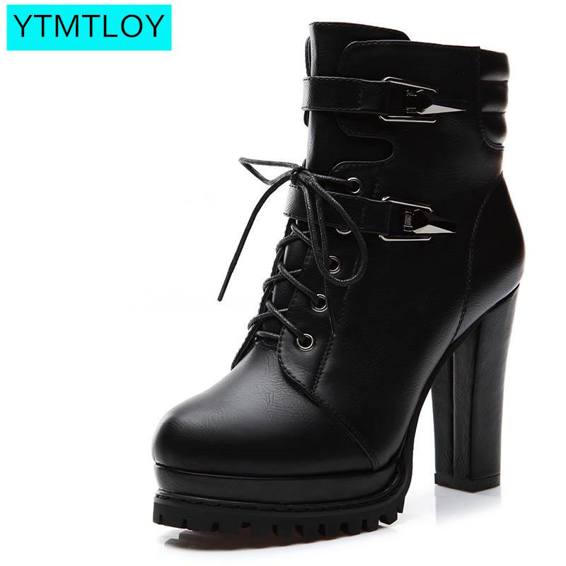 Ankle Boots Women Platform High Heels Female Lace Up Women's Shoes Buckle Woman Short Boot Ladies Footwear Leather Boots Women