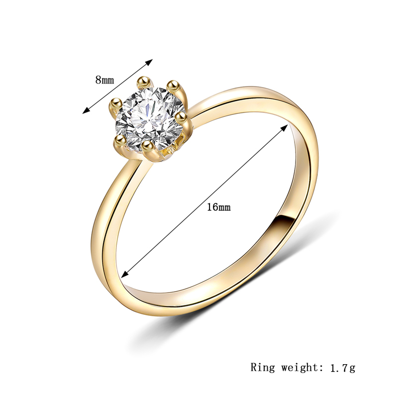 Goud Kleur Classic Eenvoudig 6 Prong Sparkling Solitaire AAA Zirconia Forever Wedding Ring Mode Desgin Ring