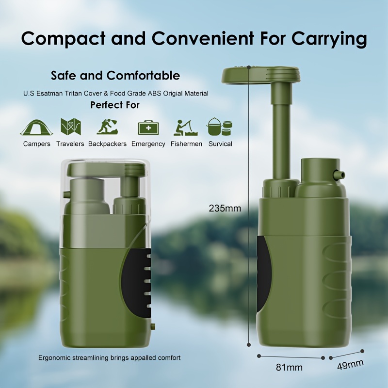 Filtro de agua al aire libre multiusos para supervivencia, sistema de filtración de agua portátil para senderismo, purificador de agua para senderismo y emergencia