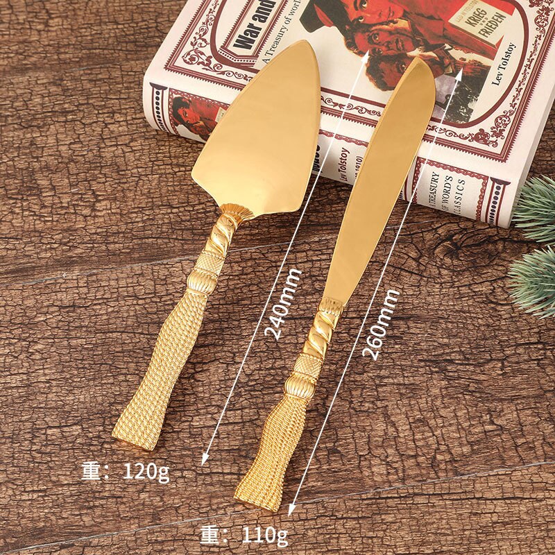 Juego de pala y cuchillo dorados para hornear, juego de cubiertos dorados con mango hueco para Pizza, pastel, postre, de cumpleaños y boda: b