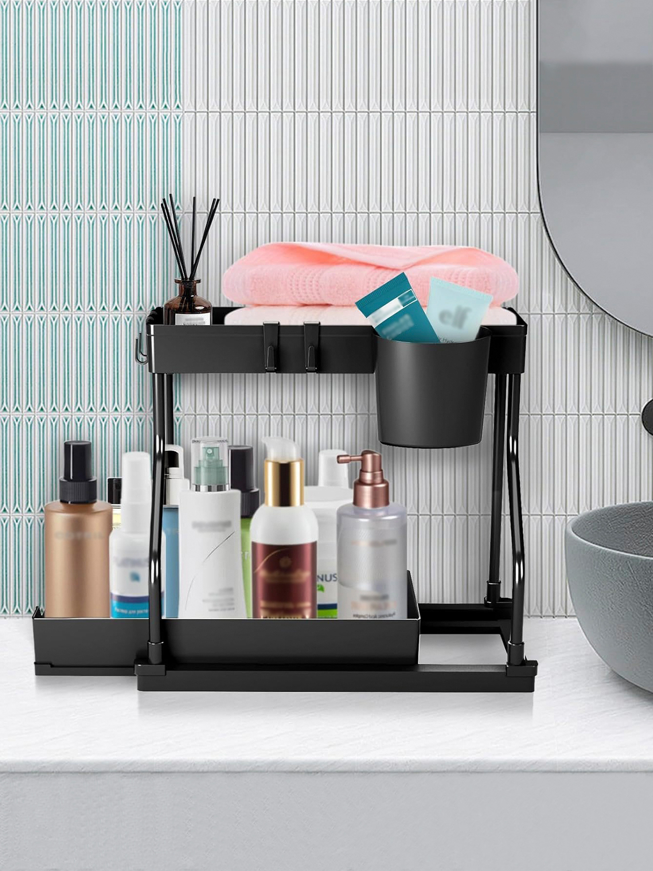 2 Tier Pull Out Organizer Under Sink for Kitchen Spices Bathroom Cosmetics Living Room Table Storage Cabinet