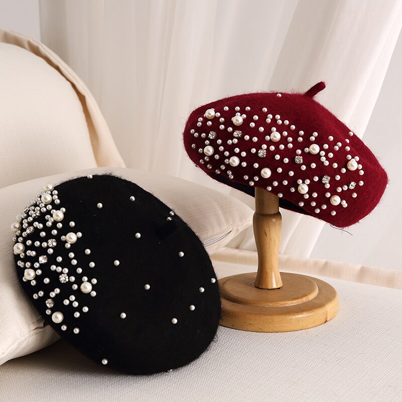 neue Winter warm Französisch Perle Strass Baskenmütze Hütte Elegante Mütze Kappen Einfarbig lässig Herbst Hütte für Frauen mädchen