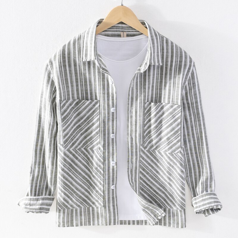 Gestreepte katoenen en linnen merk heren overhemd comfortabele shirts met lange mouwen voor heren trendy gestreept overhemd heren camisa chemise