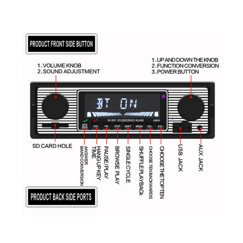 Radio Car MP3 Player Sound 12V Bluetooth Accessories Set USB 2.0 Retro