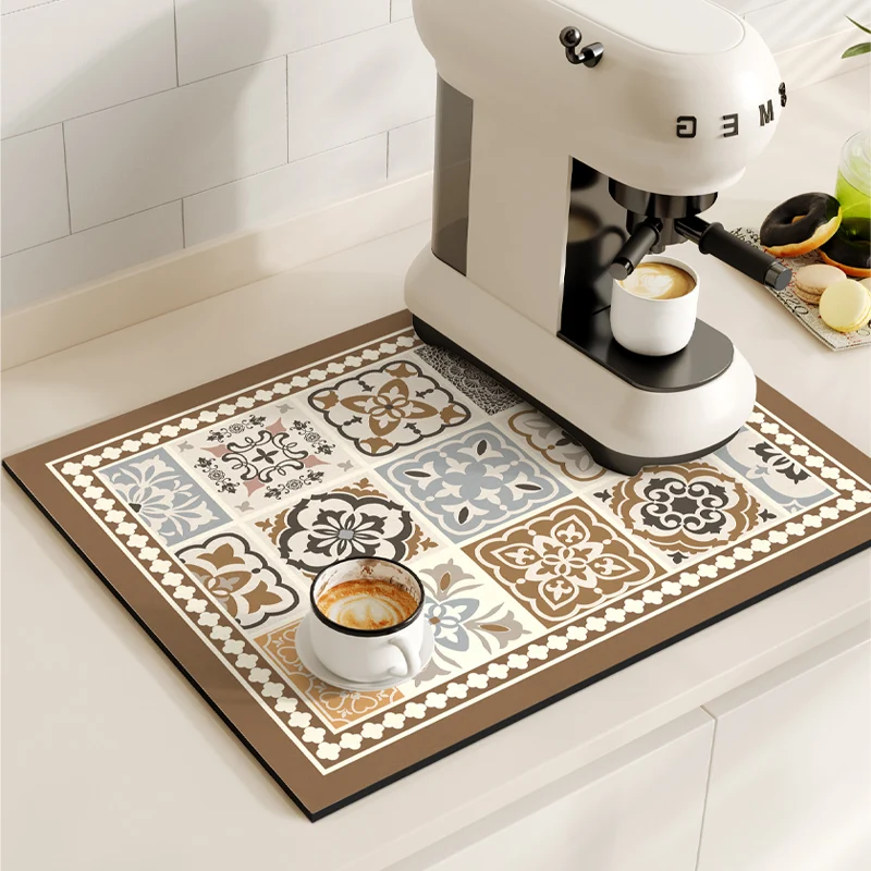 VIKAMA Kitchen Diatom Mud Mat Retro Coffee Machine Mat Waterproof Dish Drying Mats Quick Dry Drain Pad Draining Placemat