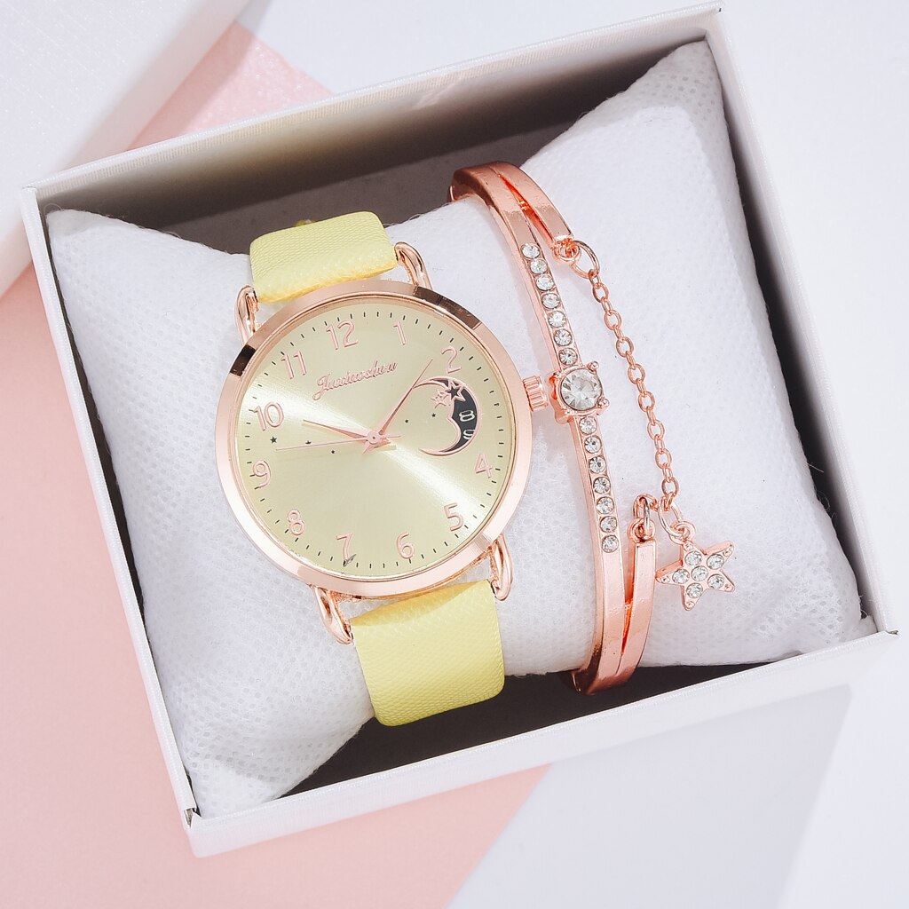 Women Watch Moon Numbers Dial Bracelet Watches Set Ladies Leather Strap Quartz Wristwatch Women Female Clock Relogio Mujer