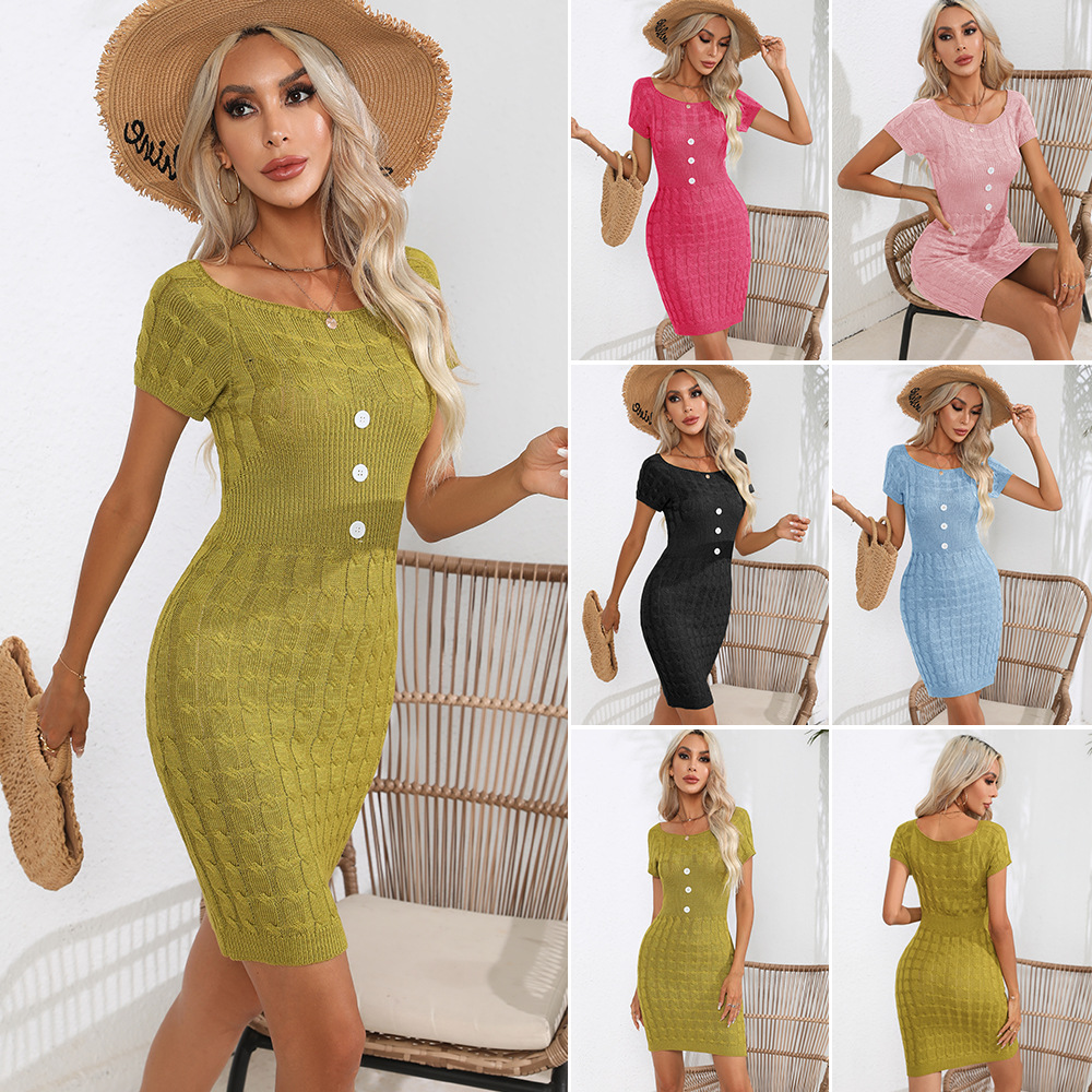 Damen-Strickkleider mit gedrehter Taille, einfarbig, quadratischer Ausschnitt, kurze Ärmel, Pulloverkleid, Frühling und Sommer, schicke Kleider mit Knopfdesign