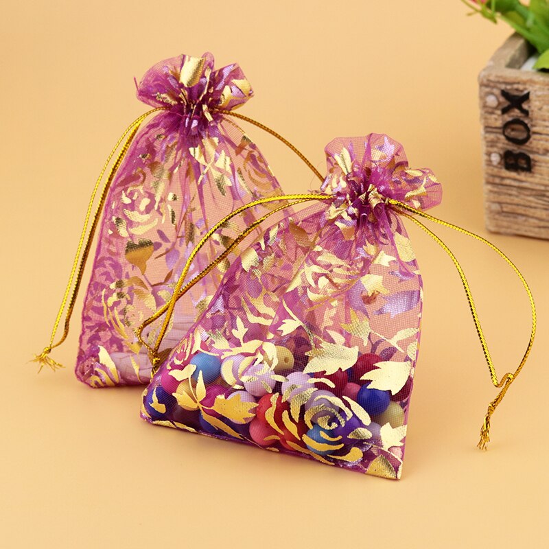 500 PCS color mix jewelry packaging transparent gauze bag 9*12cm Rose Print korah wedding bags Shopping bags