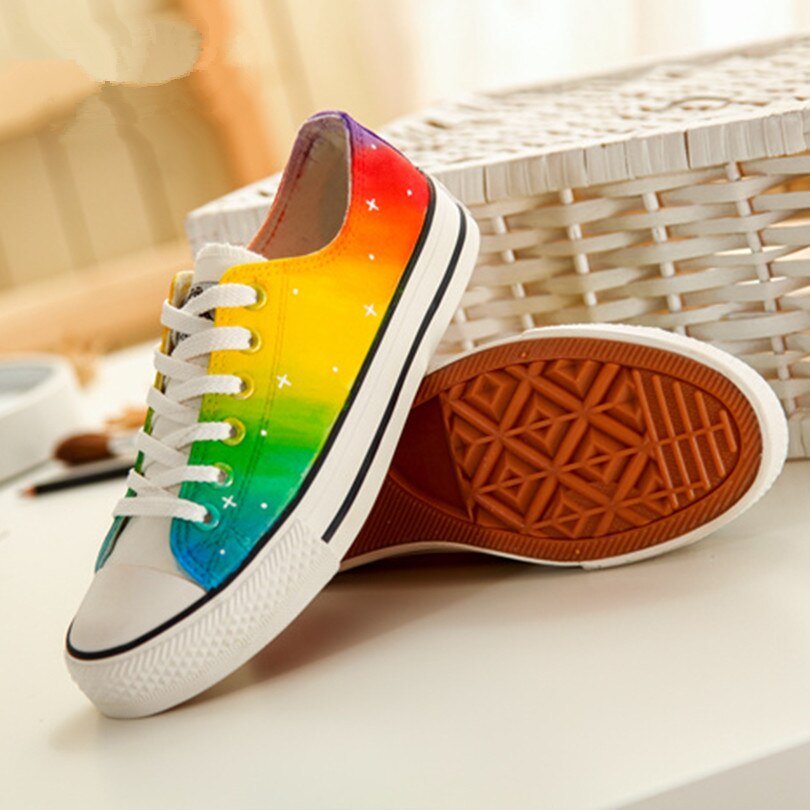 Rainbow Shoes Women harajuku Lovers Rainbow Canvas Shoes Lace up Adult Casual Colorful Shoes Woman platform Flat