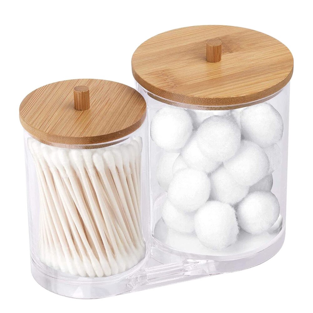 Makeup Cotton Pad Organizer Bathroom Storage Box for Cotton Swabs Cosmetics Jewelry Makeup Remover Pad Container with Bamboo Lid