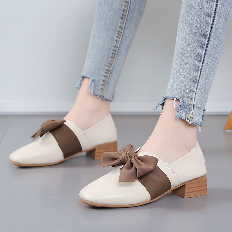 Zapatos informales con lazo para mujer, alpargatas planas de cuero, zapatos estilo oxford para dama, tacones cuadrados a la , sin cordones