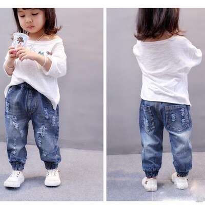 Pantalones para bebés y niños, pantalones vaqueros rasgados informales de otoño e invierno, pantalones elásticos de cintura elástica con bolsillo de terciopelo para niñas de 2, 3, 4, 5, 6 y 7 años