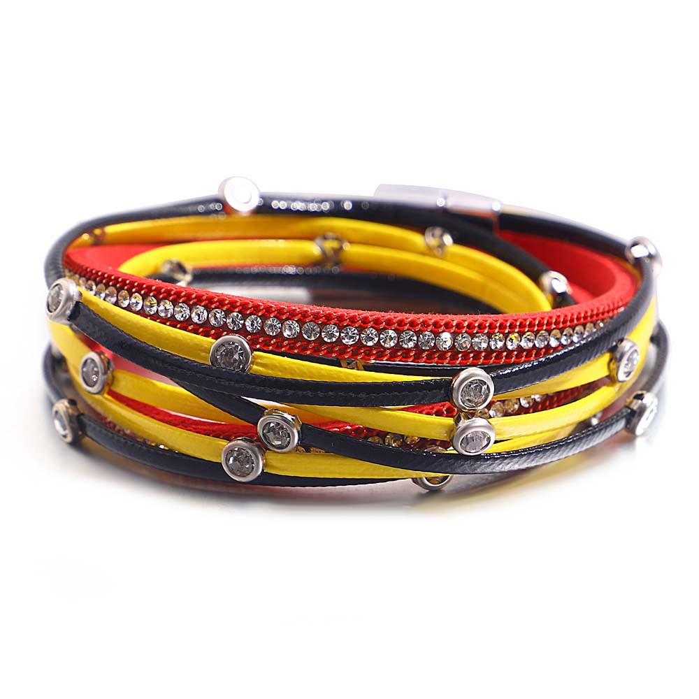 ALLYES, pulseras de cuero con cuentas de cristal Vintage para mujeres y hombres, cadena larga bohemia, pulsera envolvente multicapa, de joyería: Bañado en rodio de imitación