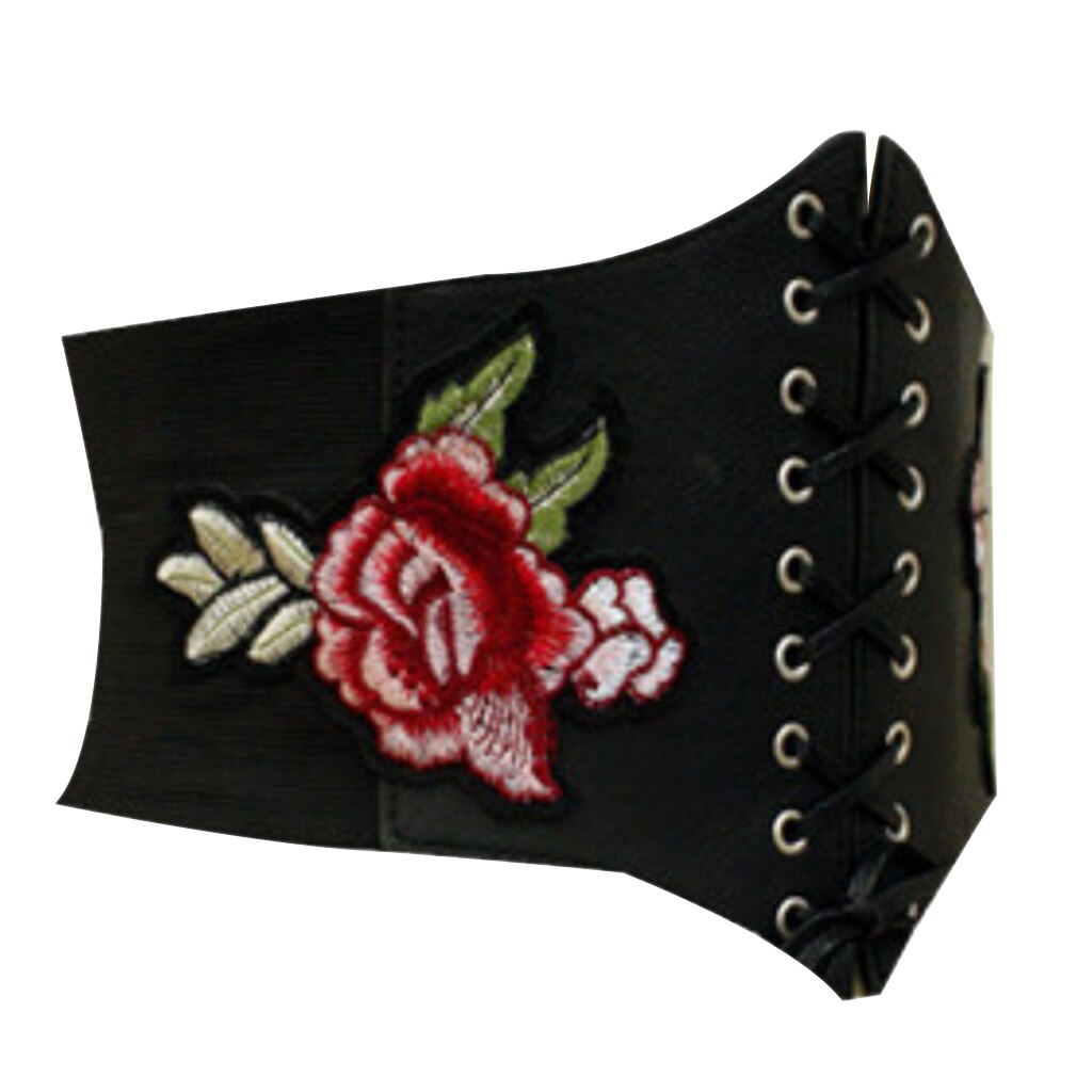 Fashionable Women’s Lace Tie Up Corset Ladies Wide Waist Waistband Rose Embroidered Black Leather Belt