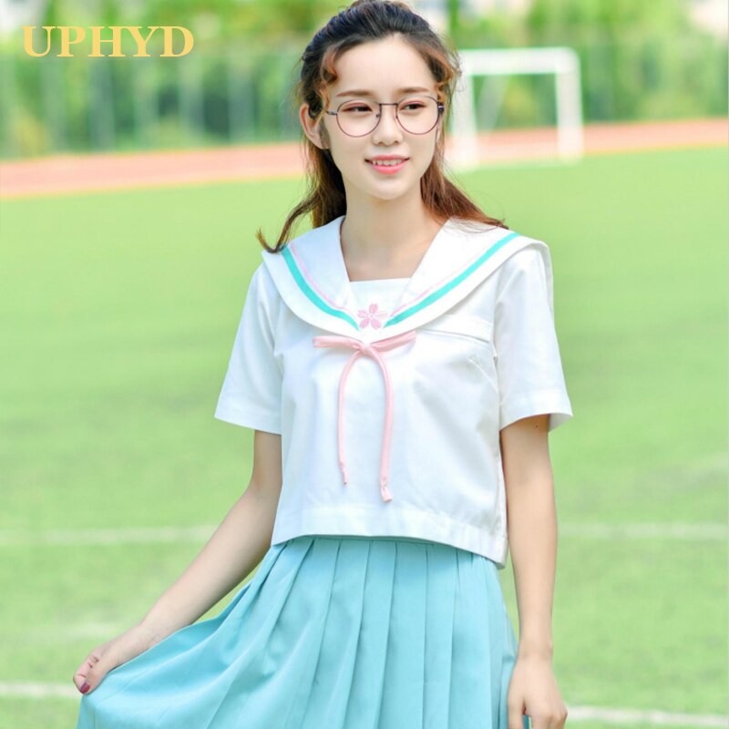 UPHYD Anime School Uniform Lolita Sailor Suits Japan Korea Teen Girls Chorus Uniforms White Shirt and Light Green Pleated Skirt
