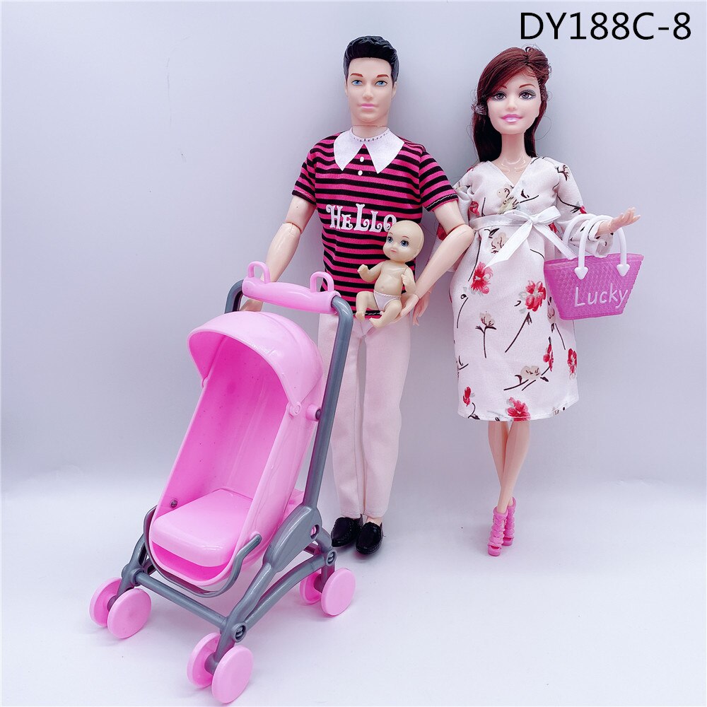 Fashionable 11.5”/30CM male doll + pregnant woman doll dress/small stroller/baby bed/children and girls toys accessories: Clear