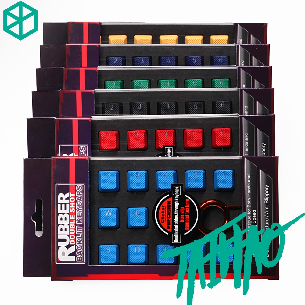 taihao Rubber Gaming Keycap Set Rubberized Doubleshot Keycaps Cherry MX OEM Profile shine-through of 4 or 18 magenta light blue