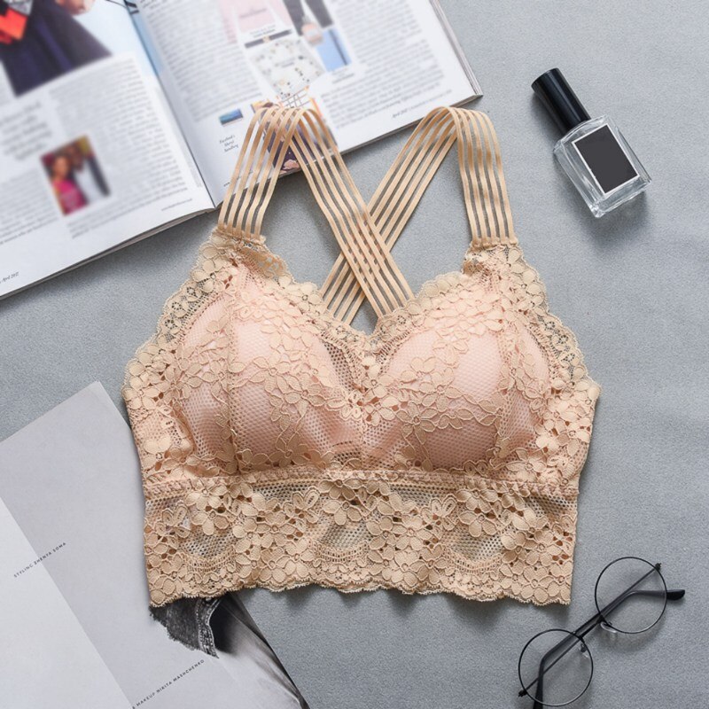 Vrouwen Sexy Lingerie Kanten Beha Hollow Bralette Backless Top Vrouwelijke Gewatteerde Bloemen Brasserie Vrouwelijke Intimates Zachte Ondergoed S-XL: Beige