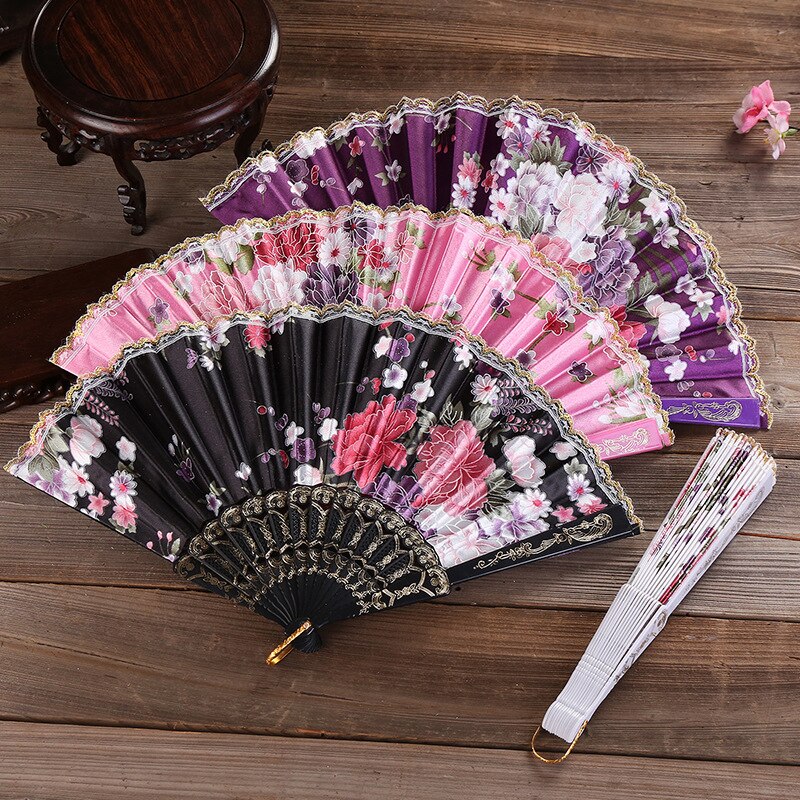 Chinese Stijl Hand Held Folding Dance Fan Wedding Party Lace Silk Folding Handheld Bloem Fan Zomer Bruiloft Fan Party