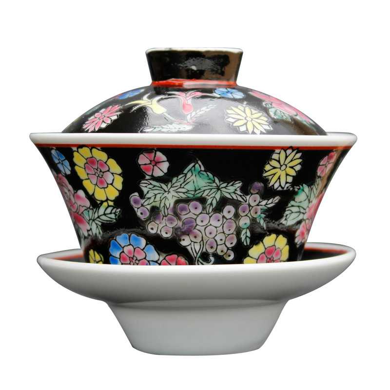 Antique Jingdezhen Antique Porcelain Pastel Black Flower Cover Bowl Hand Painted Factory Goods Covered-bowl: black
