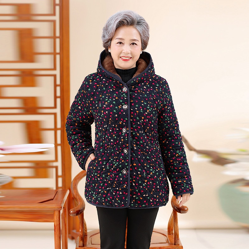 Plus size oudere vrouwen winterjas met capuchon warm plus fluweel dikke katoenen jas oma losse bedrukte winterparka bovenkleding