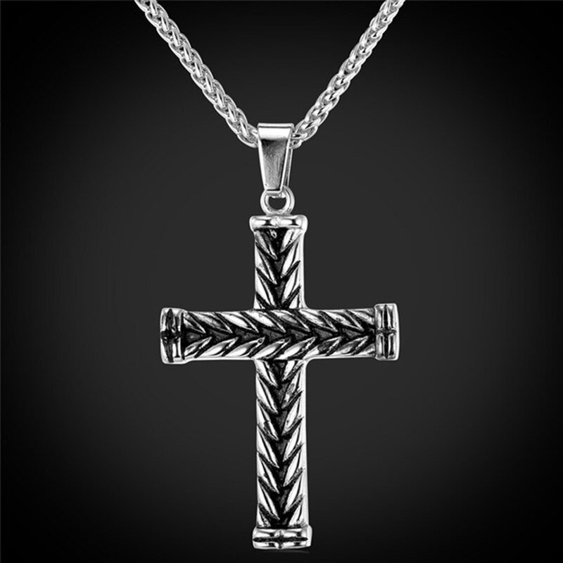 Mode Kruis Ketting Mannen Vintage Dubbelzijdig Gestreepte Cross Hanger Met Ketting Hiphop Rock Ketting Sieraden