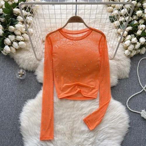 Kvinder hotsweet chic rhinsten mesh transparent lange ærmer sexet crop top slank sexet koreansk t-shirt efterårsskjorte til kvinder: Himmelblå