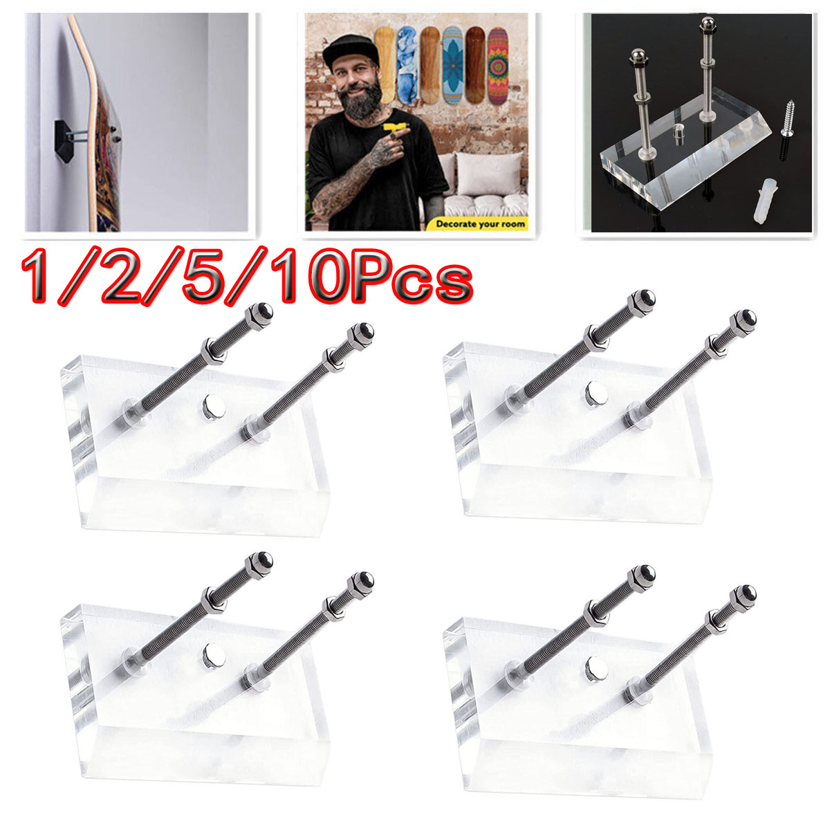 1/2/5/10 szt. Uchwyt ścienny na deskorolkę, wieszak na deskorolkę longboard, stojak ekspozycyjny, akrylowy wewnętrzny pływający uchwyt robić przechowywania deskorolki, hak