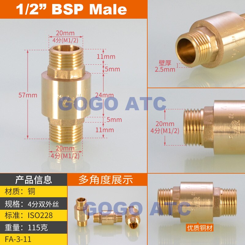 DN15/DN20/DN25 1/2 3/4 1 inch brass In-Line spring vertical check valve for Water meter female male one way valve