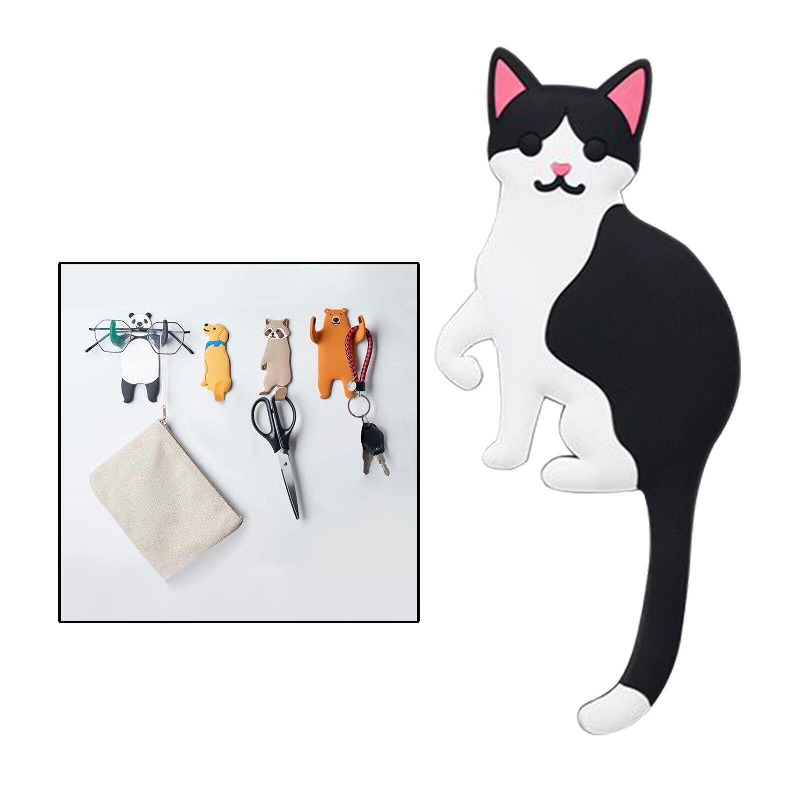 Leuke Cartoon Dier Muur Haak Creatieve Dier Haak Badkamer Keuken Haak Zelfklevende Sleutel Haken Voor Muur Home Decor Ambachten: Black White Cat