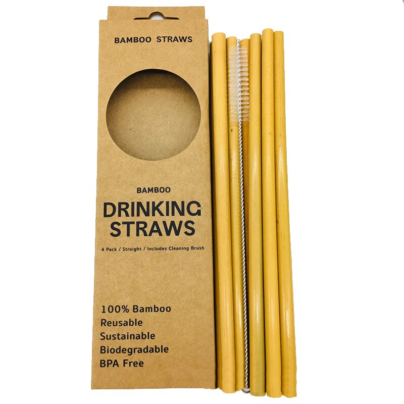 12Pcs Natuurlijke Organische Bamboe Stro Set Milieuvriendelijke Bamboe Stro Case Herbruikbare Rietjes Met Stro Borstel 8 Inch: yellow bamboo