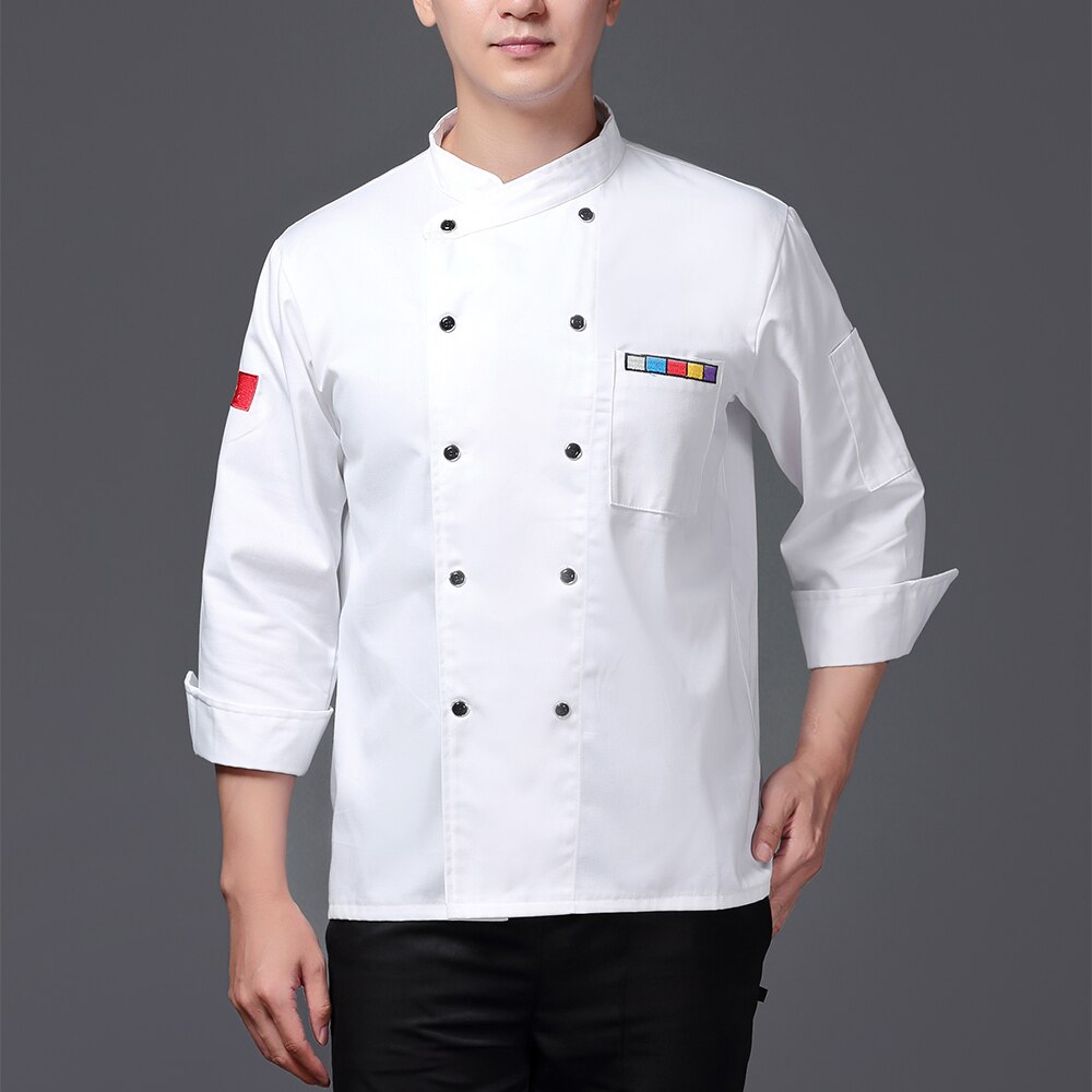 Ademende unisex casual chef-kok jas vlag keuken catering restaurant service werk uniform borduurwerk: Wit kokspak / Xl