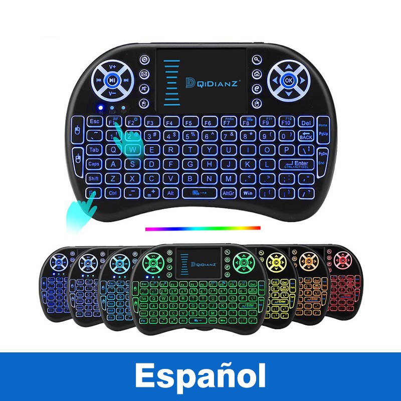I8 baggrundsbelyst tastatur på 2.4 ghz understøtter flere sprog, der er egnede til mini-tv-set-top-bokse: Spansk