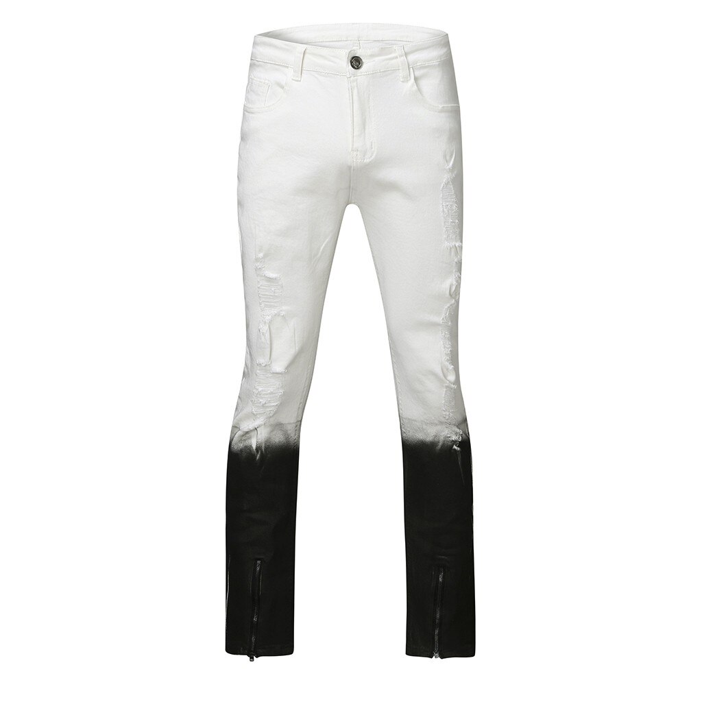 Men's Skinny Stretch Ripped Male Jeans Slim Fit Denim Trousers Streetwear Gradient White Black Skinny Jeans Men L3: S