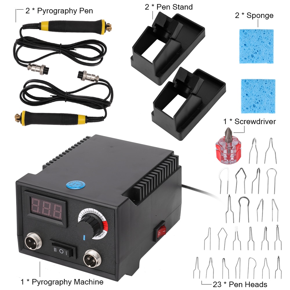 Multifunctionele Digitale Elektrische Kalebas Houten Pyrography Machine Instrument met 2 stuks Pennen 23pcs Verwarming Pen Hoofden