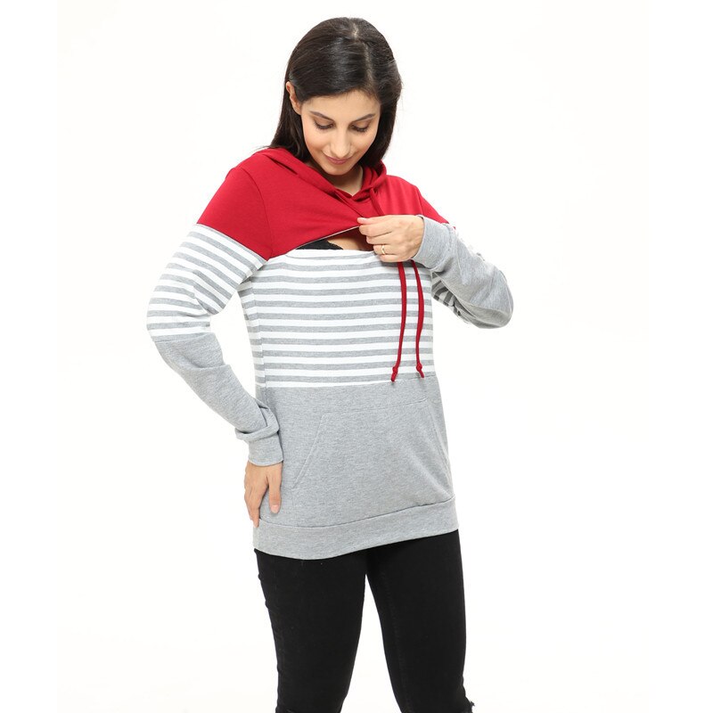 Womens Moederschap Verpleging Top Sweatshirt Lange Mouw Patchwork Rits Pullver Top Kangaroo Pocket Hoodie Zweet voor Zwangere Vrouwen: Bourgondië / XL