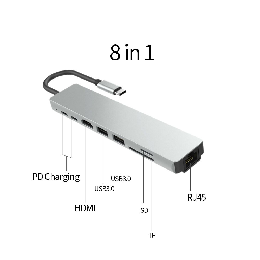 Usb Type C Hub Type-C Naar Hdmi 4K Vga Adapter RJ45 Lan Ethernet Sd Tf USB-C 3.0 3.5Mm Jack Audio Voor Macbook Pro/Air Otg: 8 in 1