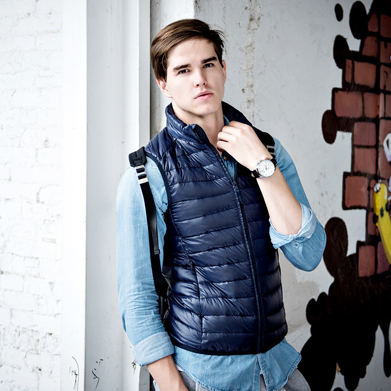 chaleco ultrafino de primavera otoño para hombre, chaleco informal de plumón de pato, chaleco de talla grande 3xl, chaleco térmico de delgado para hombre, chaqueta para hombre: Navy Blue / M
