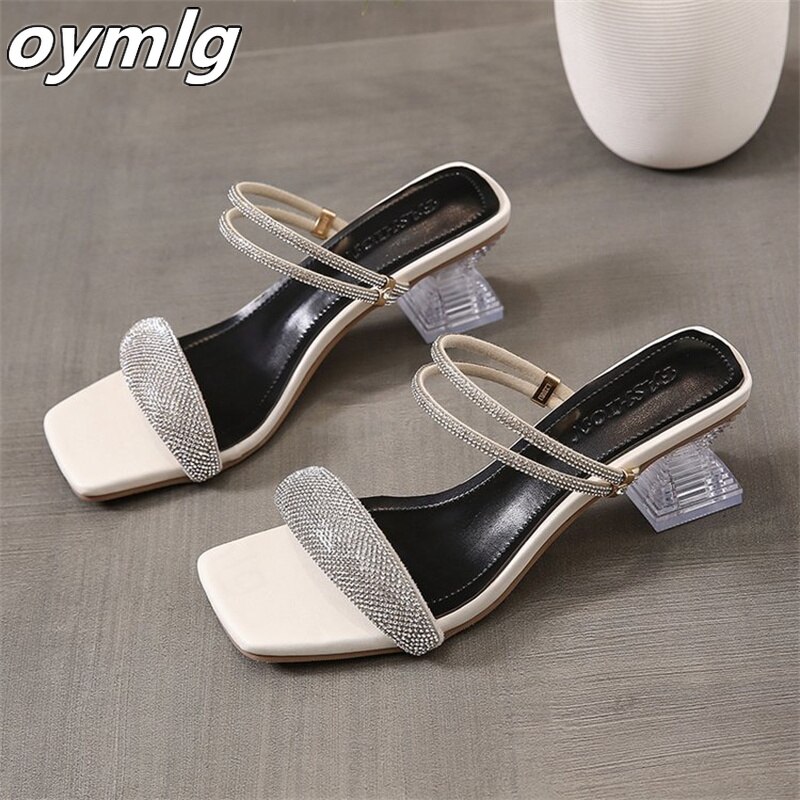 2022 summer rhinestone sandals, medium heels, thick heels, one word with two slippers, fairy high heels women&#39;s shoes