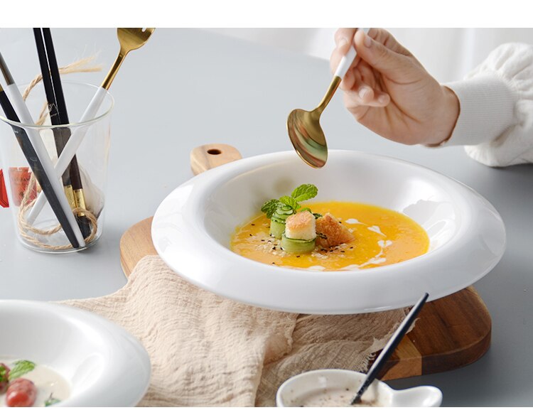 Moda ocidental casa puro branco cerâmica circular salada de sopa sobremesa moda frutas tigela salada pratos cozinha utensílios de mesa
