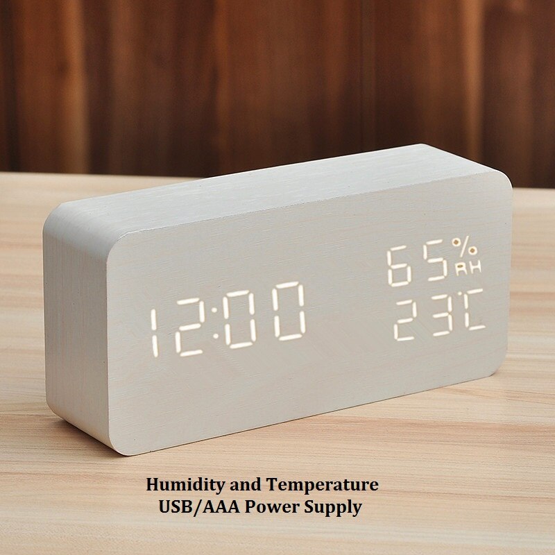 Led Houten Tafel Klok Desktop Vierkante Usb/Aaa Powerd Digitale Display Voice Control Snooze Elektronische Wekker Oogbescherming: Time TEMP RH002